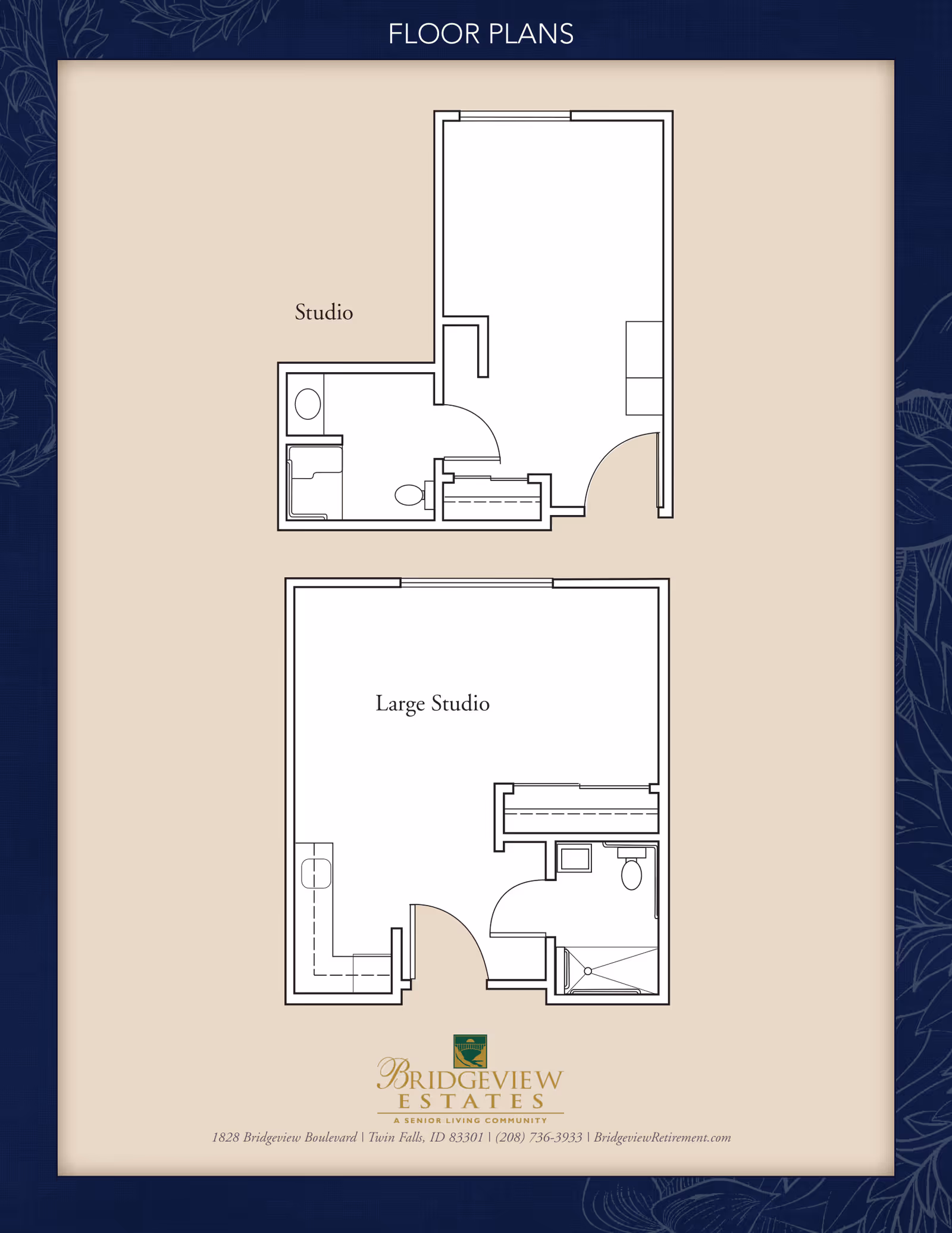 Floor plans for Bridgeview Estates showing two layouts: a Studio with a bathroom and closet, and a Large Studio with a bathroom, closet, and kitchenette area.
