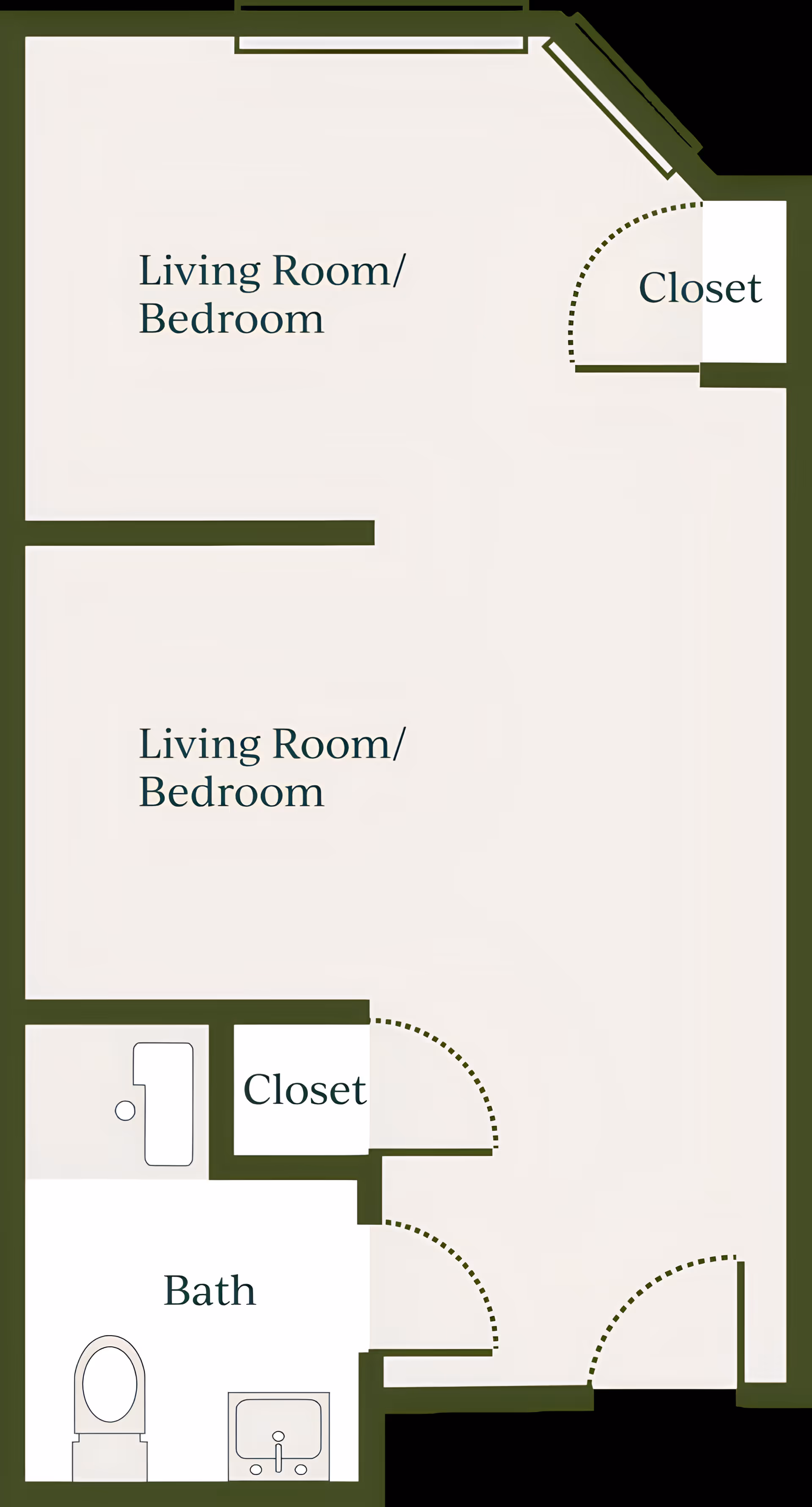 Floor plan layout showing two living room/bedroom areas, two closets, and a bathroom with a toilet and sink.