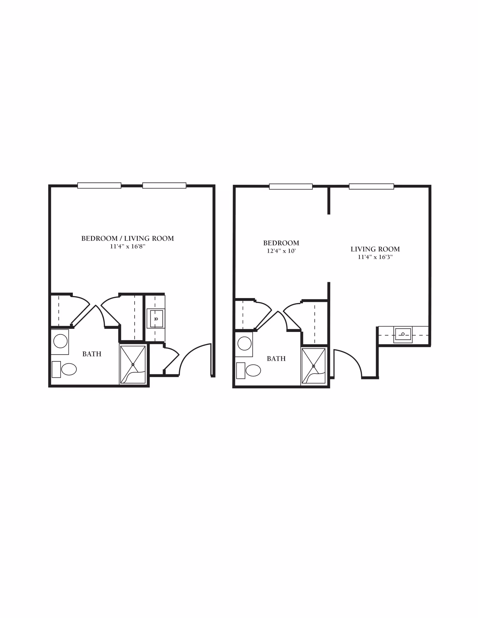 Architectural floor plan showing two apartment layouts. The left layout features a combined bedroom and living room area measuring 11 feet 4 inches by 16 feet 8 inches, a bathroom, and a small kitchen area. The right layout has a separate bedroom measuring 12 feet 4 inches by 10 feet, a living room measuring 11 feet 4 inches by 16 feet 3 inches, a bathroom, and a kitchen area.