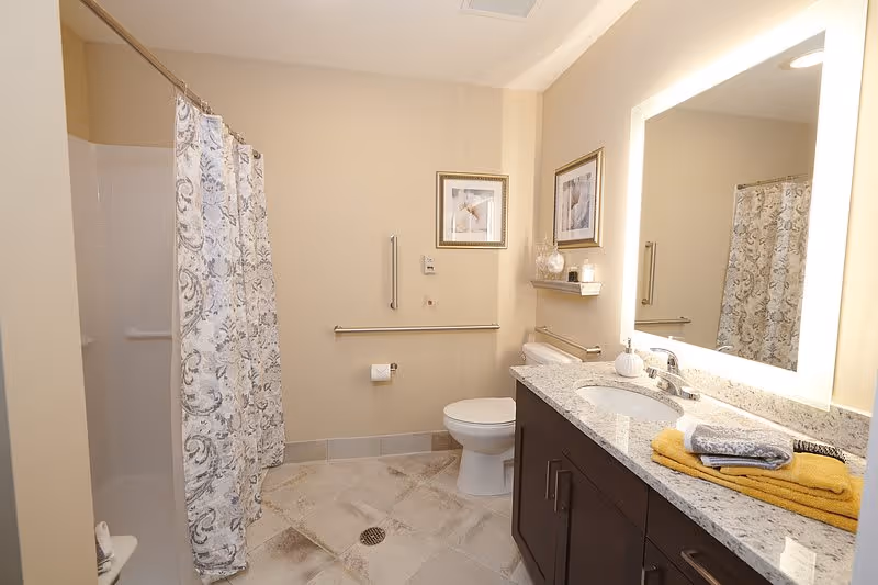 A clean and well-lit bathroom featuring a shower with a patterned curtain, a toilet with grab bars on the wall, and a vanity with a granite countertop, sink, and illuminated mirror. Towels are neatly folded on the countertop, and framed artwork is hung on the beige walls.