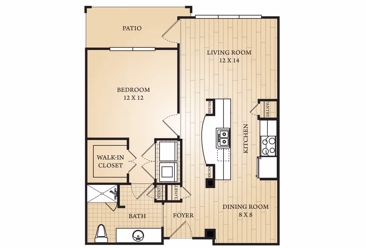 Floor plan of a one-bedroom apartment at Watercrest at Mansfield showing a bedroom with a walk-in closet, a bathroom, a foyer, a kitchen with an island and pantry, a dining room, a living room, and a patio.