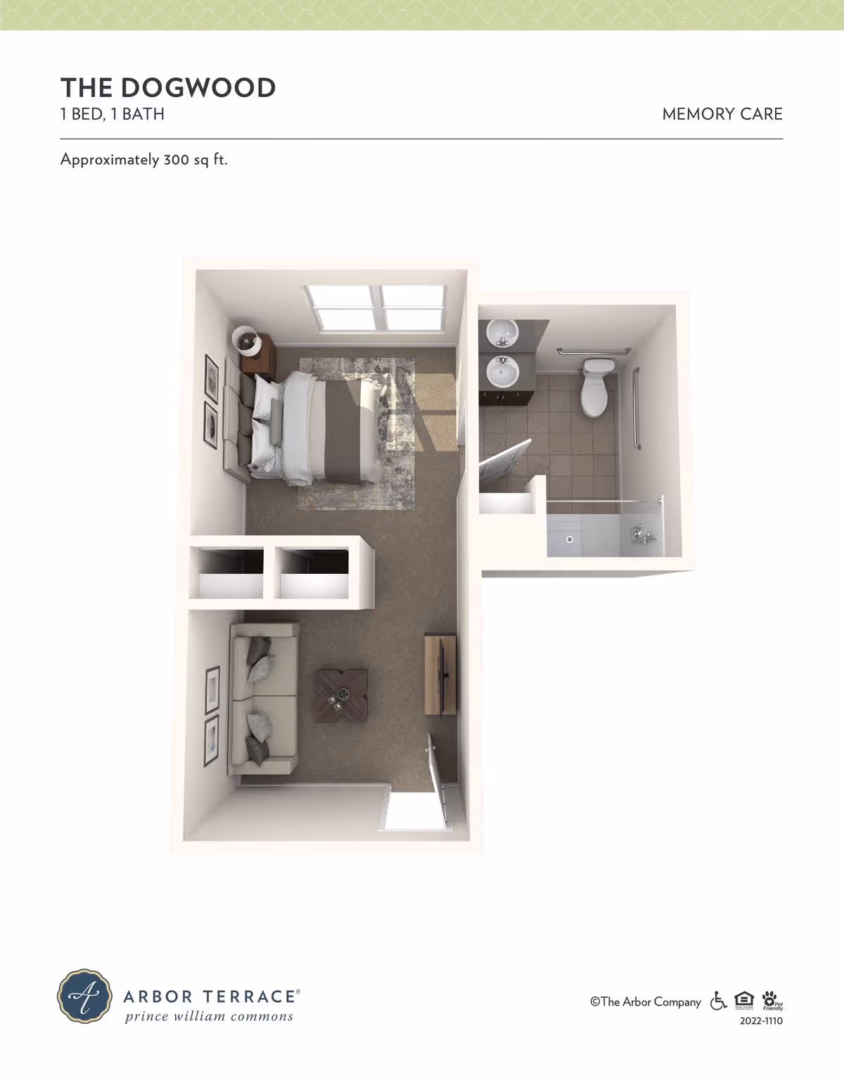 Top-down 3D floor plan of "The Dogwood" one-bedroom, one-bath memory care apartment showing a bedroom, living area, closet, and bathroom.