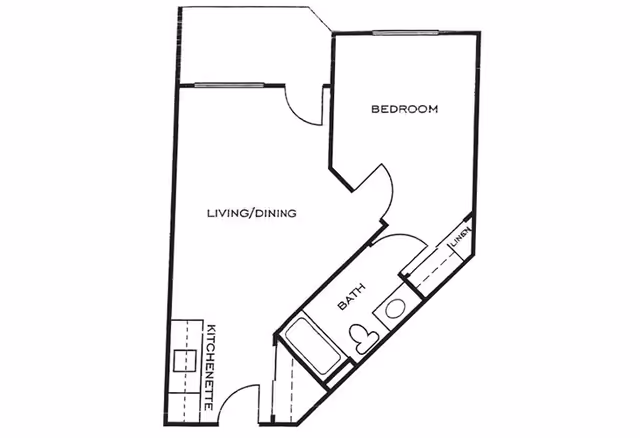 Black and white architectural floor plan of a one-bedroom apartment at Ashwood Place, showing a bedroom, a bathroom with bathtub and toilet, a kitchenette, and a combined living and dining area.