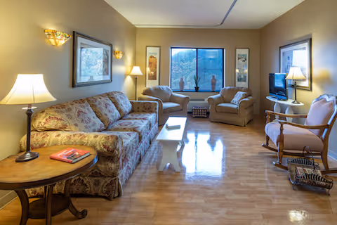 Bright furnished common living room with a patterned sofa, armchairs, lamps, TV and a large window overlooking trees.