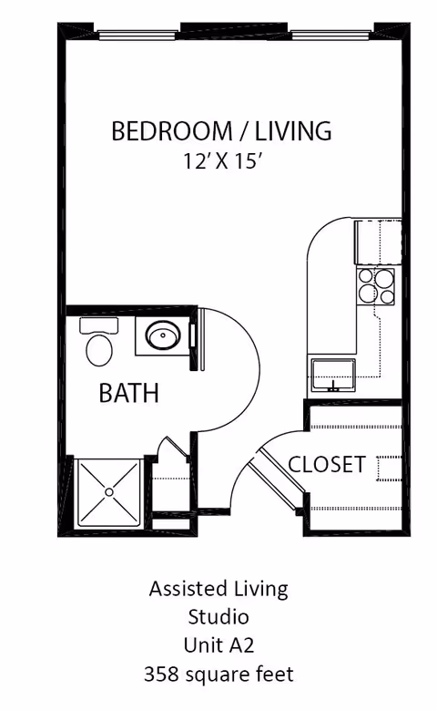 Floor plan of an assisted living studio unit A2 at The Wellington at Arapaho, showing a combined bedroom and living area measuring 12 by 15 feet, a bathroom with a toilet, sink, and shower, a kitchen area with stove and sink, and a closet. The total area is 358 square feet.