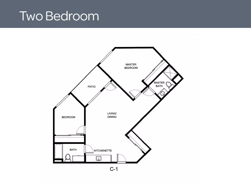 Architectural floor plan of a two-bedroom apartment featuring a master bedroom with an attached master bath, a second bedroom, a separate bath, a kitchenette, a living/dining area, and a patio.