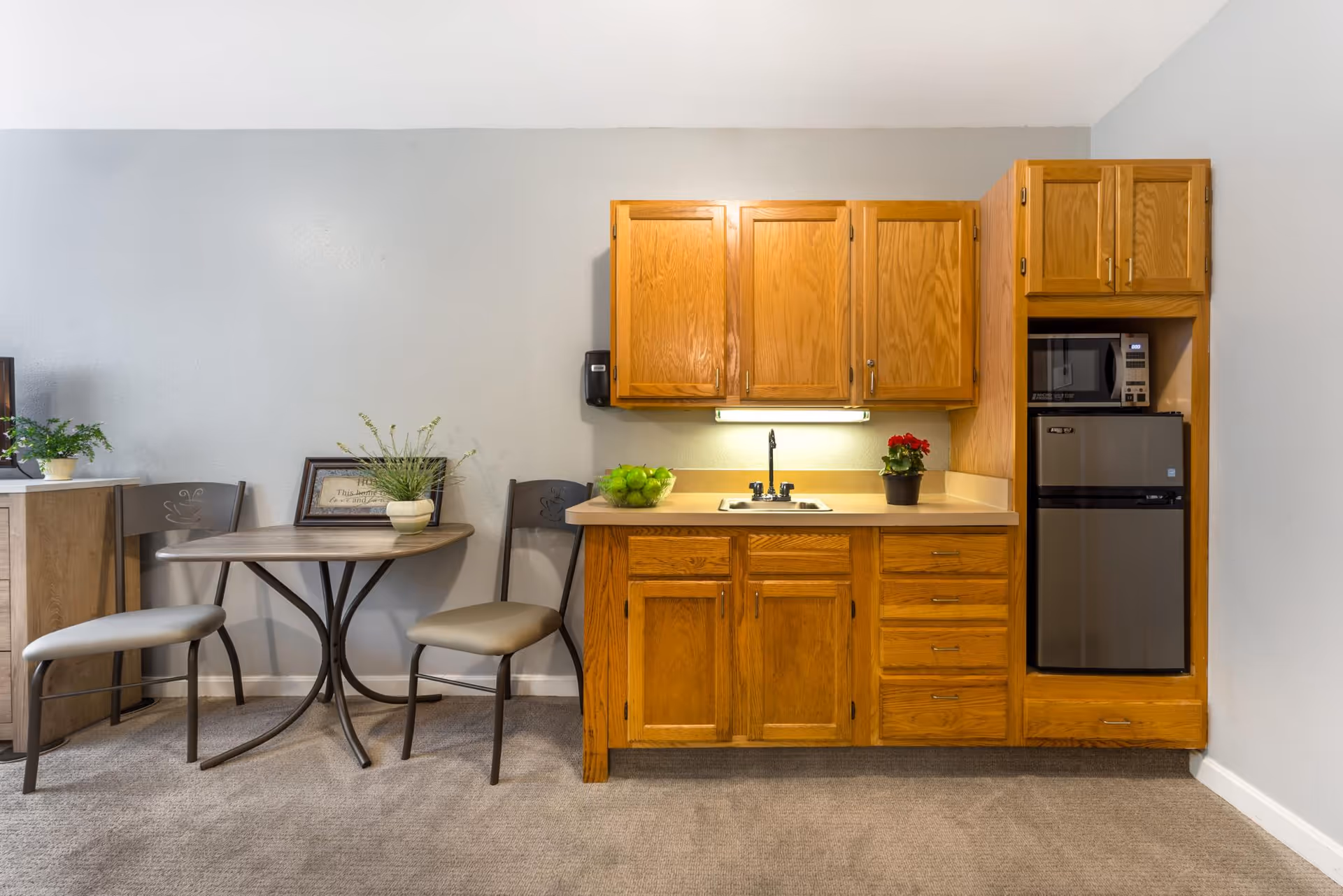 Small kitchenette area with wooden cabinets, a sink, a mini refrigerator, and a microwave. Next to the kitchenette is a small round table with two chairs, a potted plant, and a framed picture on the wall. The floor is carpeted and the walls are painted light gray.