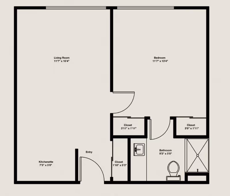 Floor plan of a living space at Langdon Hall showing a living room, bedroom, kitchenette, bathroom, and three closets with dimensions labeled for each area.