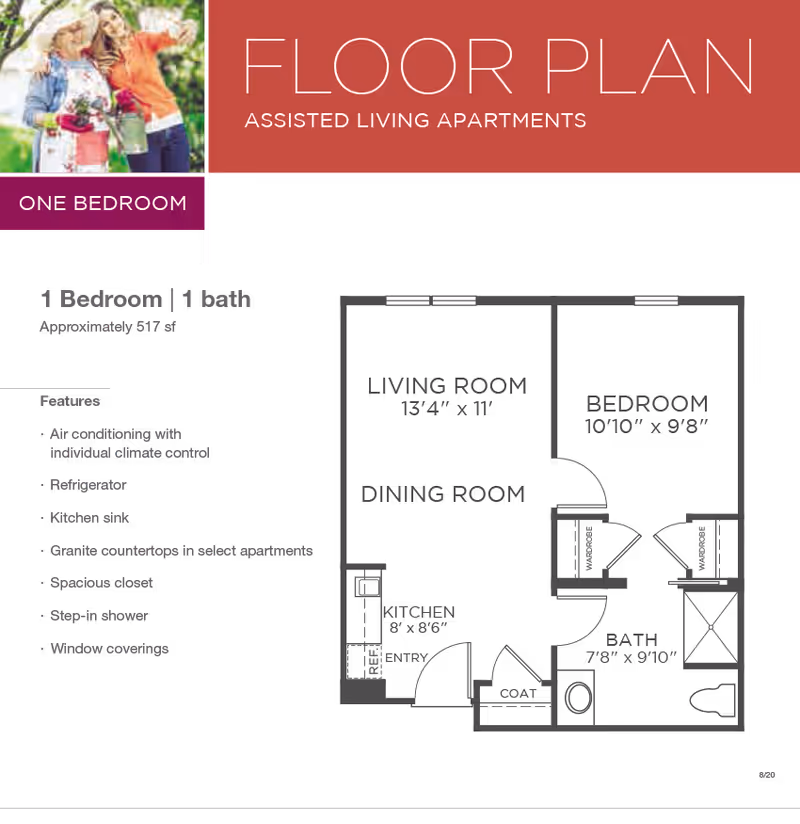 Brochure-style floor plan page titled 'FLOOR PLAN' for one-bedroom assisted living apartments with a small photo and a list of apartment features.