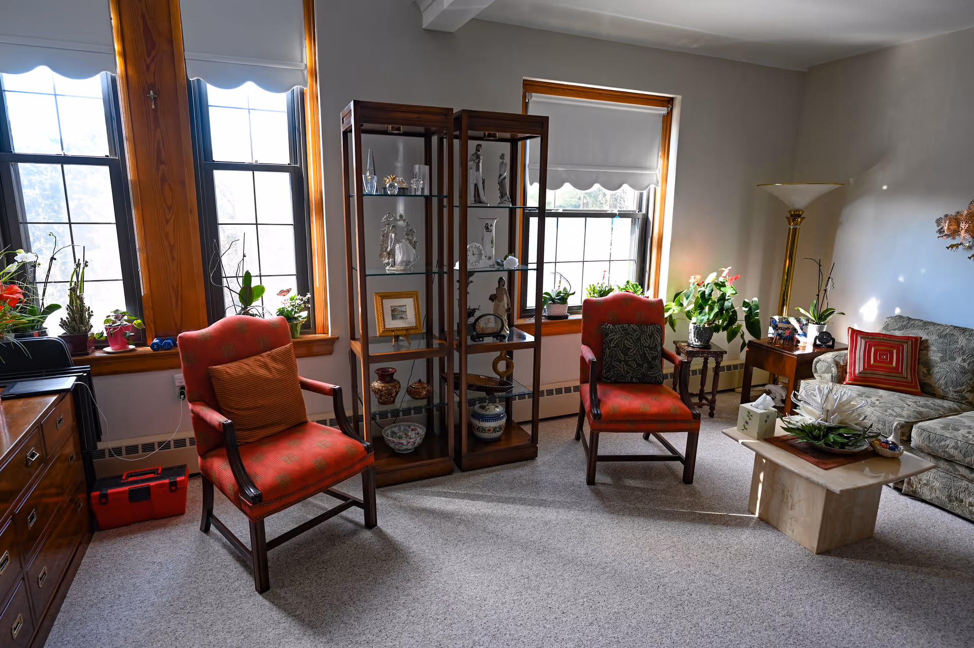 A cozy living room with two red armchairs, a glass display cabinet filled with decorative items, a beige patterned sofa with colorful cushions, a small coffee table with a plant and tissue box, and several potted plants on the windowsills. The room has large windows with white blinds and light gray walls.
