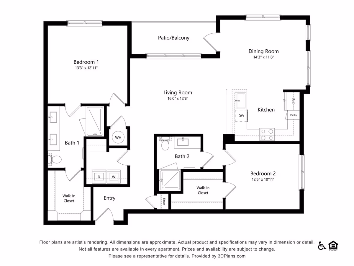 Black-and-white floor plan of a two-bedroom apartment showing labeled rooms, dimensions, patio/balcony, and closets.