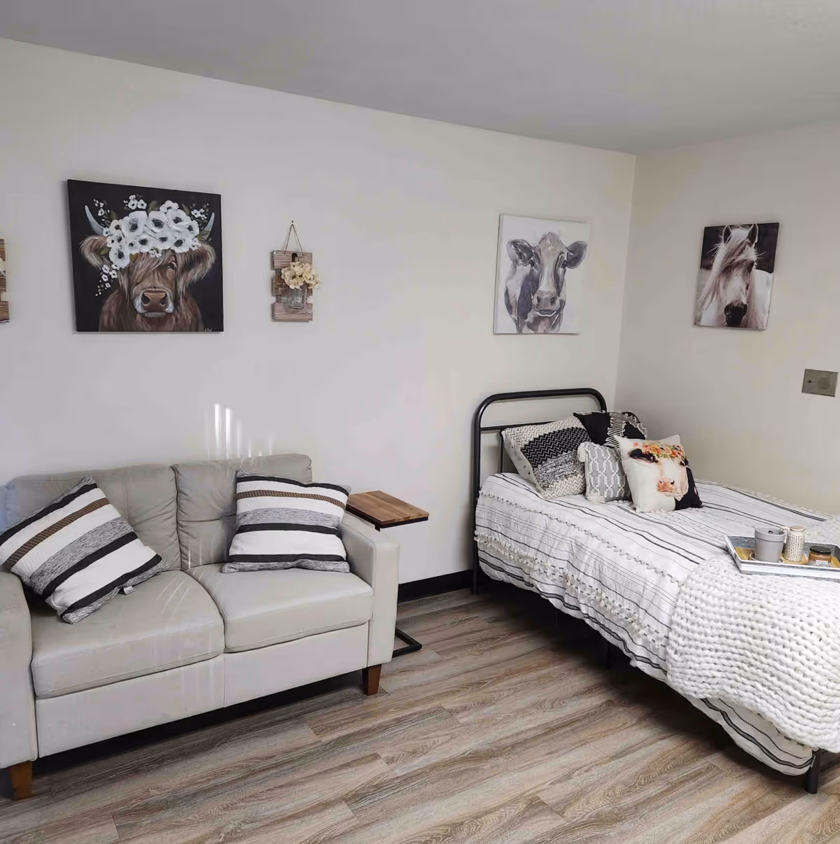 A cozy bedroom with a single bed dressed in striped bedding and multiple decorative pillows, including one with a cow print. Next to the bed is a small beige loveseat with two striped pillows. The walls are decorated with three animal-themed paintings featuring a cow with a flower crown, a cow, and a horse. The floor has wood-like vinyl planks.
