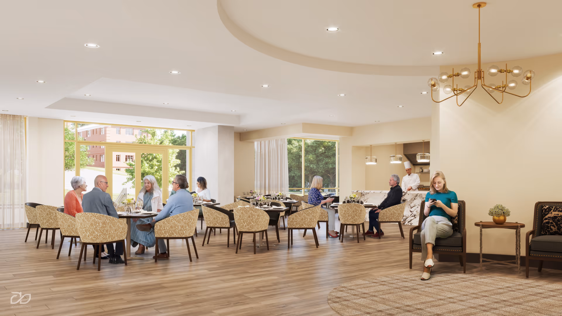Bright communal dining area with seniors seated at round tables and a woman sitting near the entrance using her phone.