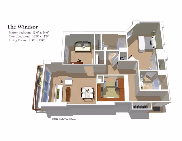 3D floor plan of The Windsor apartment showing a master bedroom, guest bedroom, living room, kitchen, dining area, and bathrooms with dimensions for each main room.