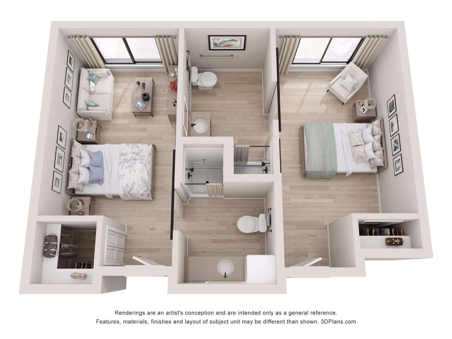 3D floor plan of a two-bedroom apartment with two bathrooms. Each bedroom has a bed, side tables, and windows with curtains. One bedroom includes a sofa and coffee table, while the other has an armchair and side table. Both bathrooms have a toilet and sink, with one bathroom featuring a shower. The apartment has wooden flooring throughout.