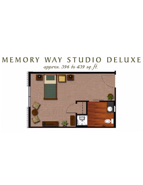 Floor plan of the Memory Way Studio Deluxe apartment, approximately 396 to 439 square feet, showing a studio layout with a bed, two chairs, a small table, a closet, and a bathroom with a toilet and sink.