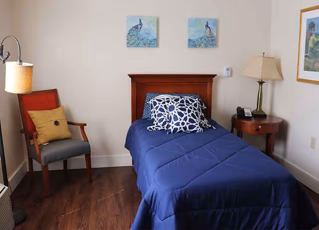 A small bedroom with a single bed covered in a blue comforter and two patterned pillows. There is a wooden headboard, a wooden side table with a lamp and a phone, a chair with a yellow cushion, and two peacock-themed paintings on the wall above the bed.