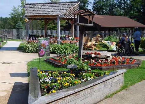 Outdoor garden area with colorful flowers, a wooden pergola, and residents near a seating area.