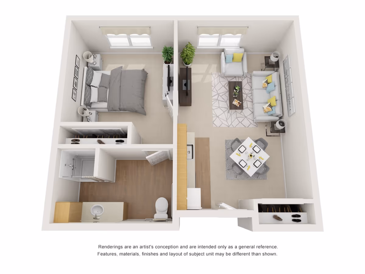3D floor plan of a one-bedroom apartment featuring a bedroom with a bed and nightstands, a bathroom with a shower, toilet, and sink, a living room with a sofa, armchair, coffee table, TV, and plants, and a dining area with a table set for four.