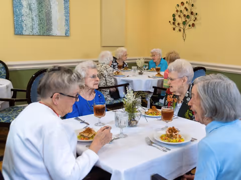 Several elderly residents seated at tables in a dining room eating meals and conversing.