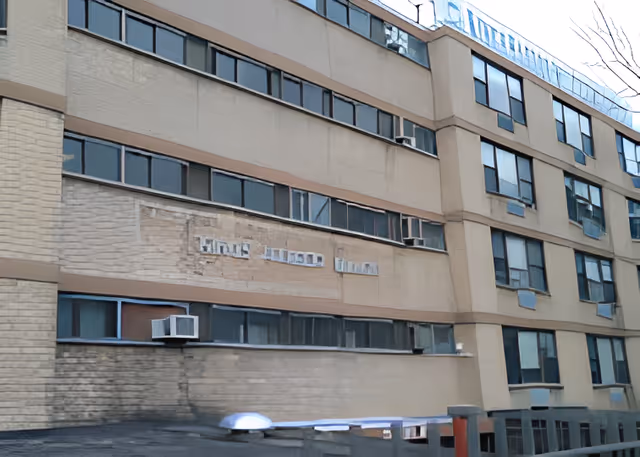 Exterior view of a multi-story building with numerous windows, some with air conditioning units installed. The building has a beige facade with a partially faded sign on one wall. The sky is clear and a few tree branches are visible on the right side.