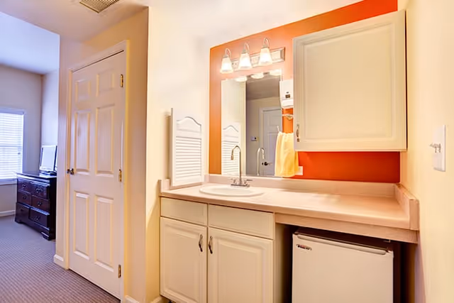 Interior view of a senior living facility room showing a small vanity area with a sink, mirror, and overhead lights. There is a white cabinet above the countertop and a mini refrigerator below. To the left, there is a closed white door and a glimpse of a room with a window and a dark wooden dresser with a TV on top.