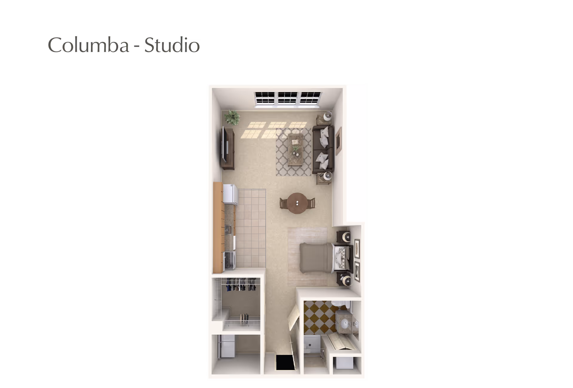 Top-down view of a studio apartment floor plan named Columba at Atria on Roslyn Harbor, featuring a combined living and sleeping area with a bed, sofa, coffee table, TV, and dining table. The kitchen area includes appliances and cabinetry. There is a closet and a bathroom with a shower, sink, and toilet.