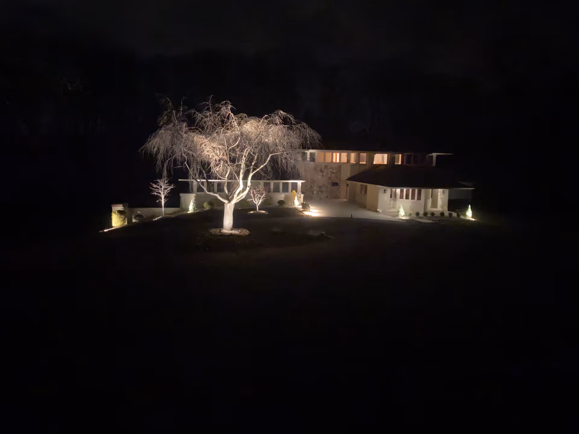 A house at night with exterior lights illuminating a large tree in the front yard and parts of the building, surrounded by darkness.
