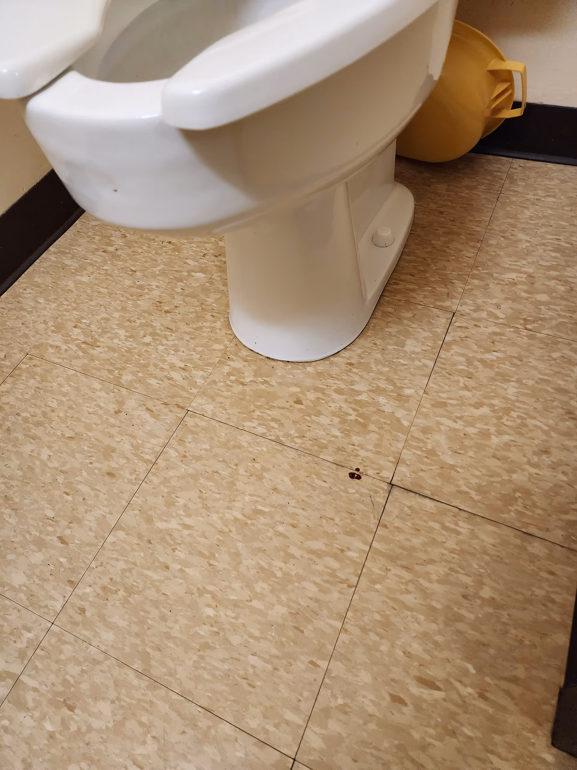 Close-up of a toilet base on a beige tiled bathroom floor with a small dark stain near the seams.