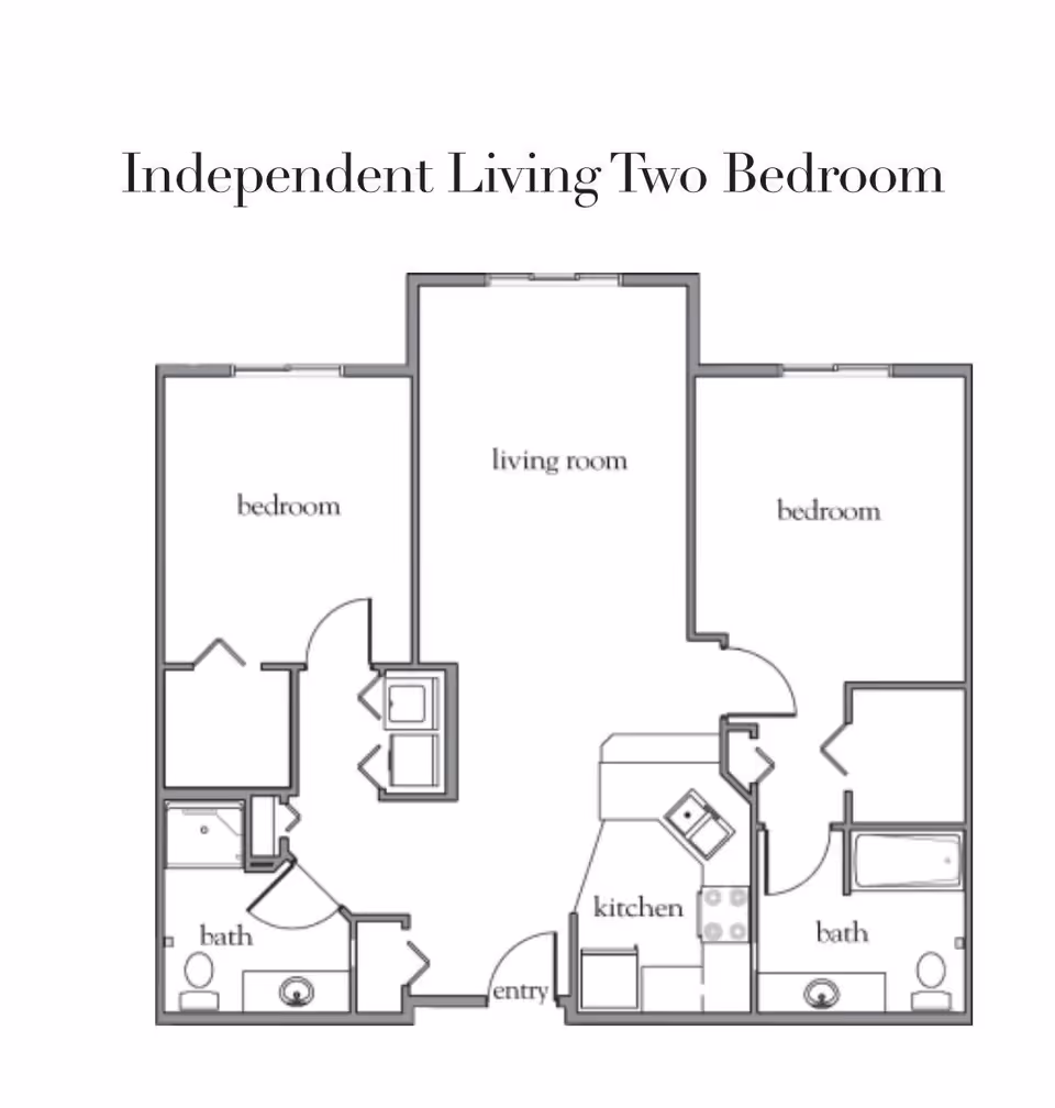 Floor plan labeled Independent Living Two Bedroom showing two bedrooms, two bathrooms, a living room, a kitchen, and an entry area.