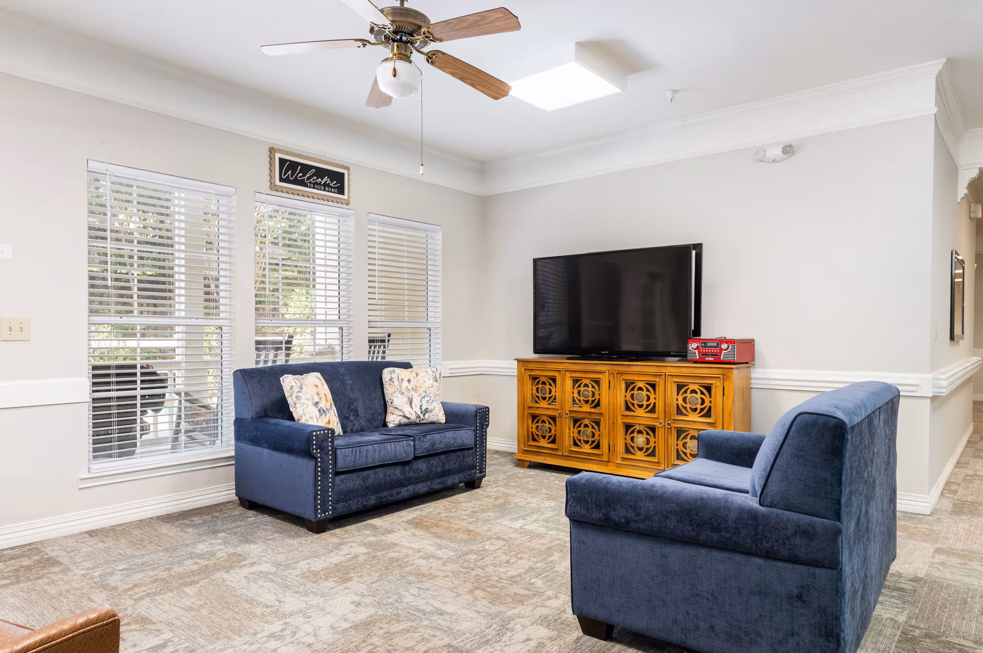 Bright common living room with two blue sofas, a TV on a wooden console, windows with blinds, and a ceiling fan.
