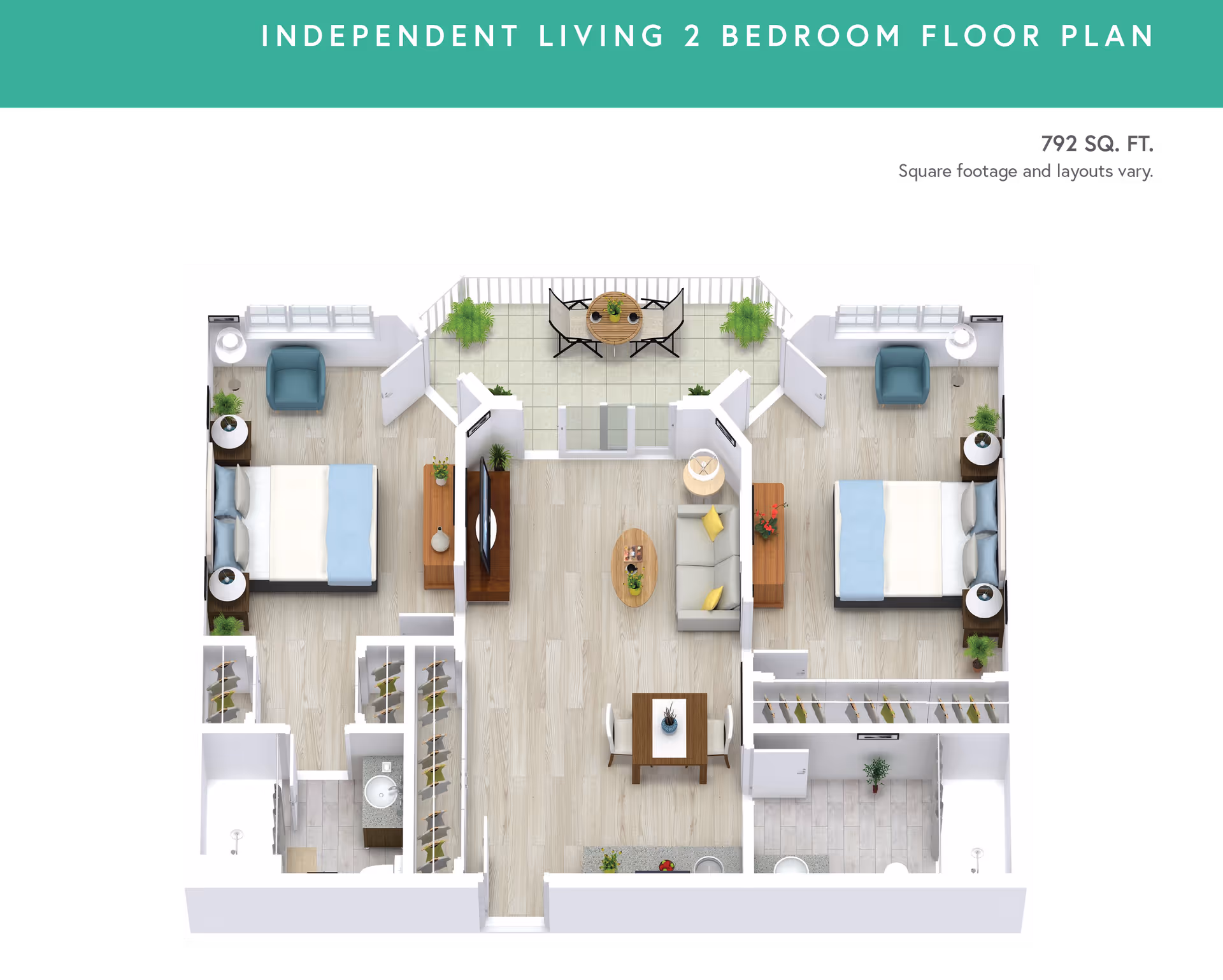 Floor plan of an independent living 2 bedroom apartment with 792 square feet. The layout includes two bedrooms each with a bed, chair, and nightstands. There is a central living room with a sofa, coffee table, TV, and dining table with chairs. The apartment also features two bathrooms, closets, a kitchen area, and a balcony with a small table and two chairs.