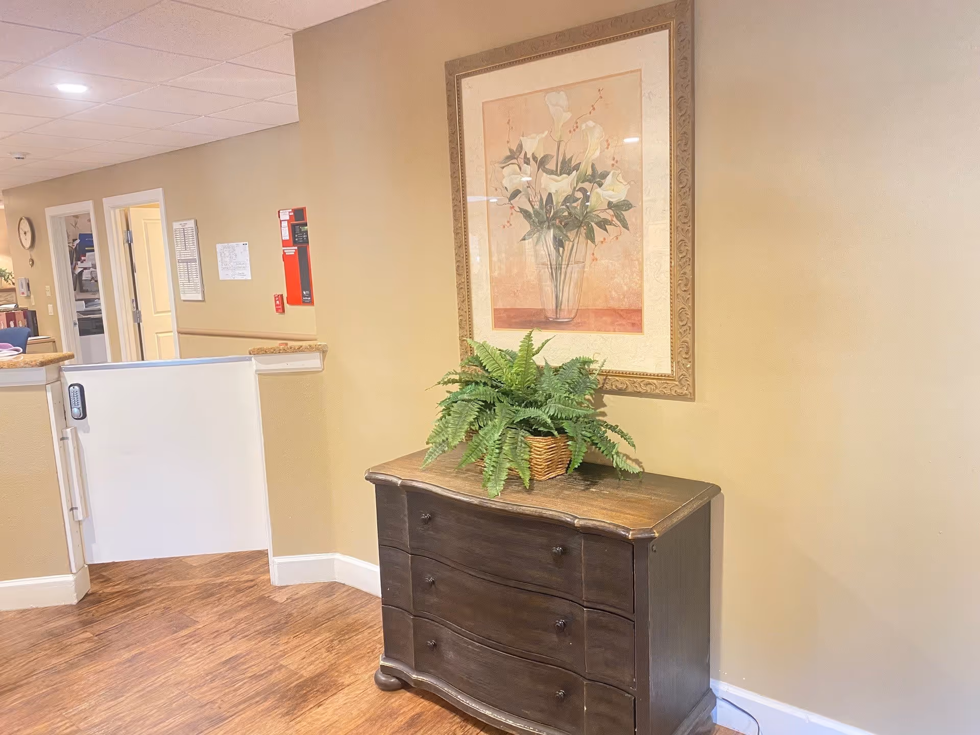 Interior hallway area of Summer Wood Alzheimer's Special Care facility with a wooden chest of drawers topped with a green potted fern. Above the chest is a framed floral painting. The walls are beige and the floor has wood-like flooring. A white safety gate is partially visible on the left side, along with a fire alarm and some wall-mounted notices.