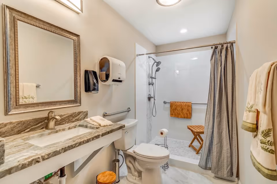 Well-lit accessible bathroom with a vanity and mirror, toilet, and a walk-in shower with a bench and grab bars.