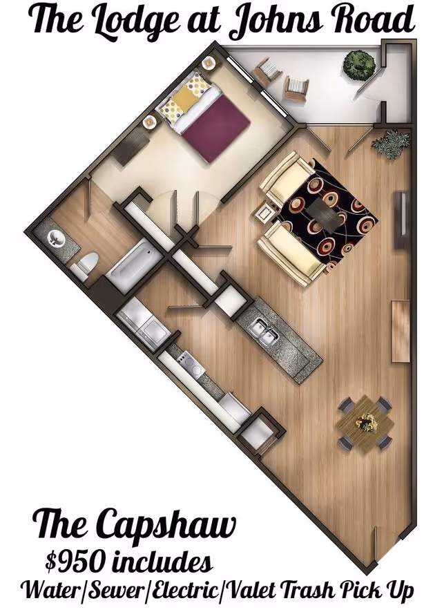 Floor plan of an apartment named The Capshaw at The Lodge at Johns Road, showing a bedroom with a bed and two nightstands, a bathroom with a bathtub and toilet, a kitchen with appliances and a sink, a living area with two chairs and a coffee table, a dining area with a table and four chairs, and a small outdoor patio with two chairs and a plant.