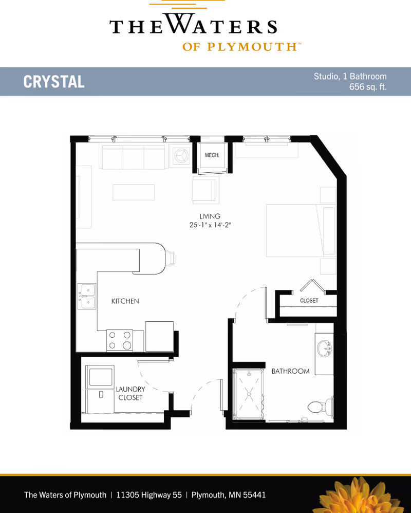 Floor plan of a studio apartment named Crystal at The Waters of Plymouth, showing a living area, kitchen, laundry closet, bathroom, and closet. The living area measures 25 feet 1 inch by 14 feet 2 inches. The apartment is 656 square feet with one bathroom.