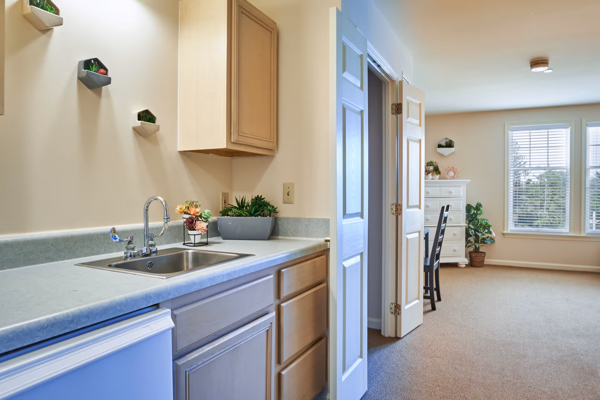 Interior view of a senior living facility showing a kitchenette with a sink, countertop, and cabinets on the left. The kitchenette has small decorative plants on the wall and countertop. To the right, there is an open doorway leading to a carpeted room with a white dresser, a black chair, a table, and large windows with blinds letting in natural light. There are additional plants and wall decorations in the room.