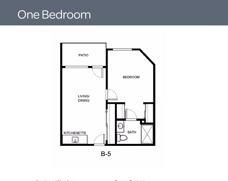 Floor plan of a one-bedroom apartment at Lighthouse Pointe by Barclay House, showing a patio, living/dining area, kitchenette, bedroom, and bathroom.