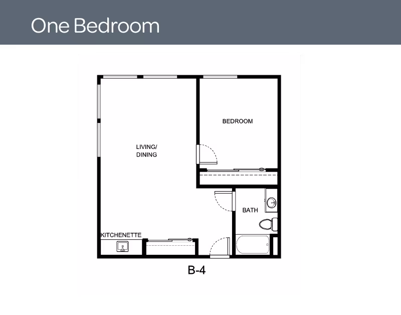 Floor plan of a one-bedroom unit labeled B-4 at Columbus Estates. The layout includes a bedroom, a combined living and dining area, a kitchenette, and a bathroom with a bathtub, toilet, and sink.