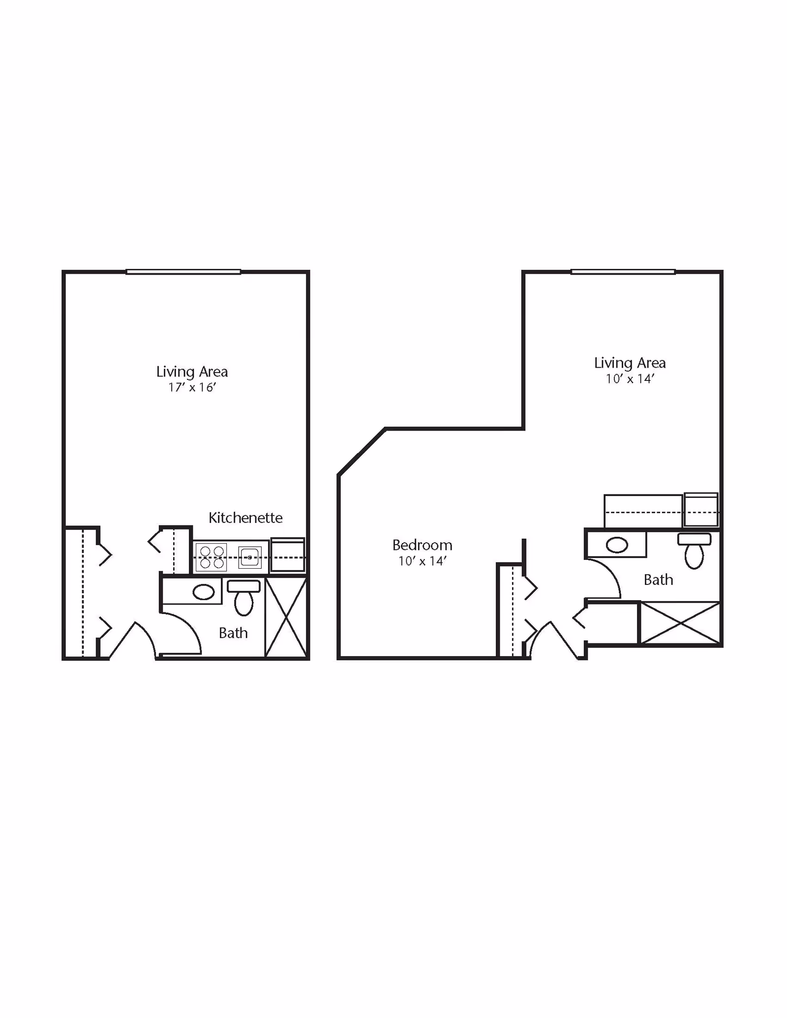 Architectural floor plan showing two apartment layouts. The left layout includes a living area, kitchenette, and bath. The right layout includes a living area, bedroom, and bath.