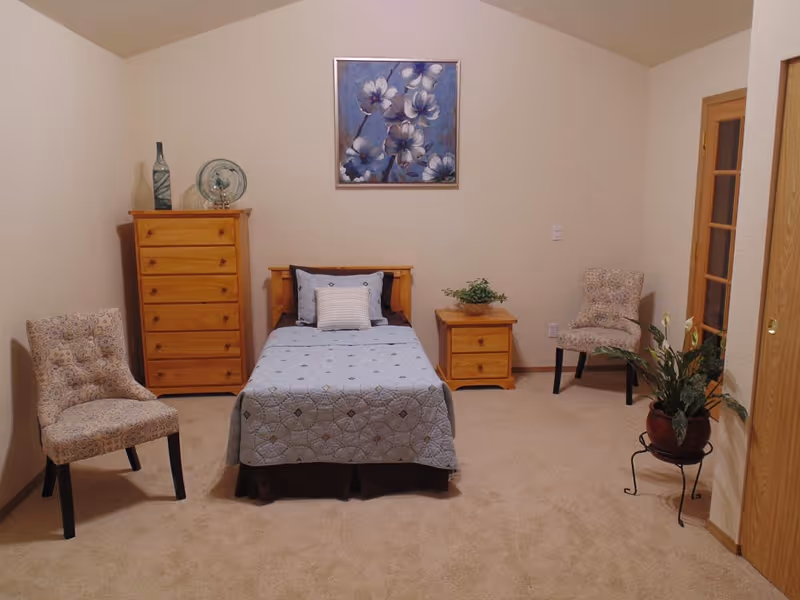 A neatly arranged bedroom with a single bed covered in a light blue quilt and pillows. There is a wooden chest of drawers on the left side of the bed and a wooden nightstand with a small plant on the right side. Two patterned chairs are placed on either side of the room, and a potted plant is on a stand near the door. A framed painting of blue and white flowers hangs on the wall above the bed.