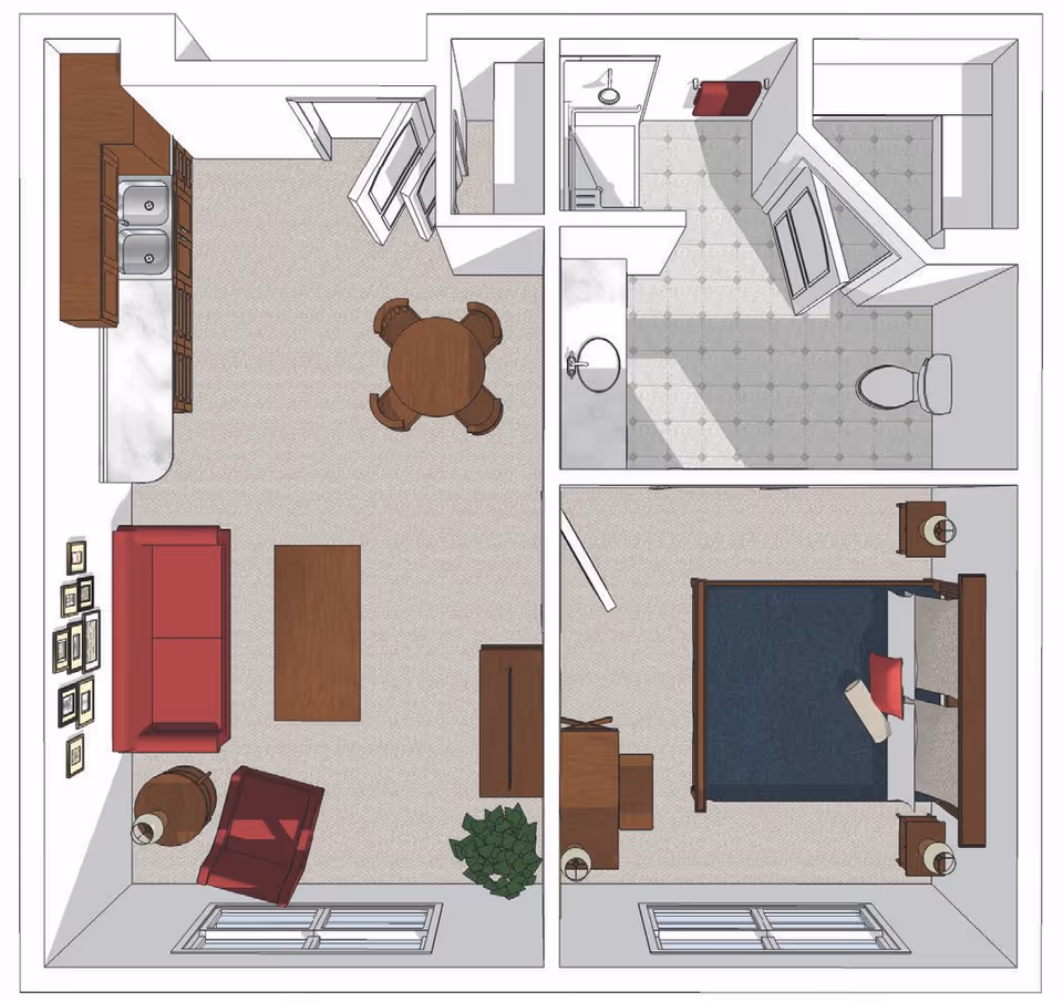 Top-down floor plan of a small apartment unit showing a living room with red sofa and chair, a kitchen area with sink and cabinets, a round dining table with four chairs, a bathroom with a shower, sink, and toilet, and a bedroom with a bed, nightstands, and a dresser.