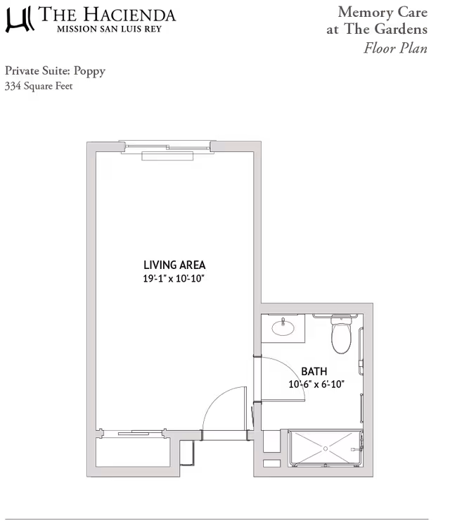 Black-and-white floor plan of a private 334 sq ft suite labeled "Poppy" showing a living area and a bathroom with sink, toilet, and shower.