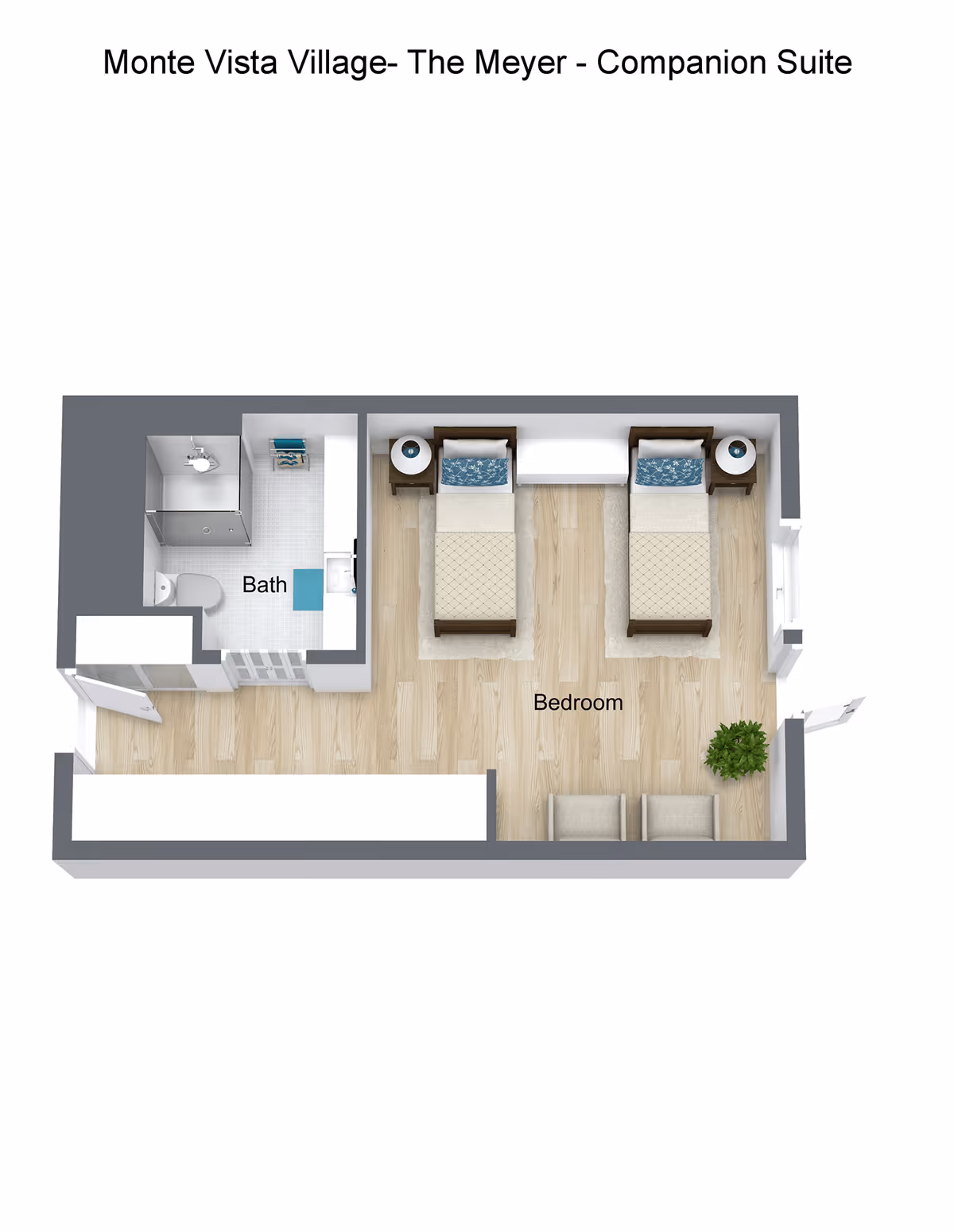 3D floor plan of Monte Vista Village's The Meyer Companion Suite showing a bedroom with two single beds, two nightstands, a bench, two chairs, and a plant. The suite also includes a bathroom with a shower, toilet, and sink.