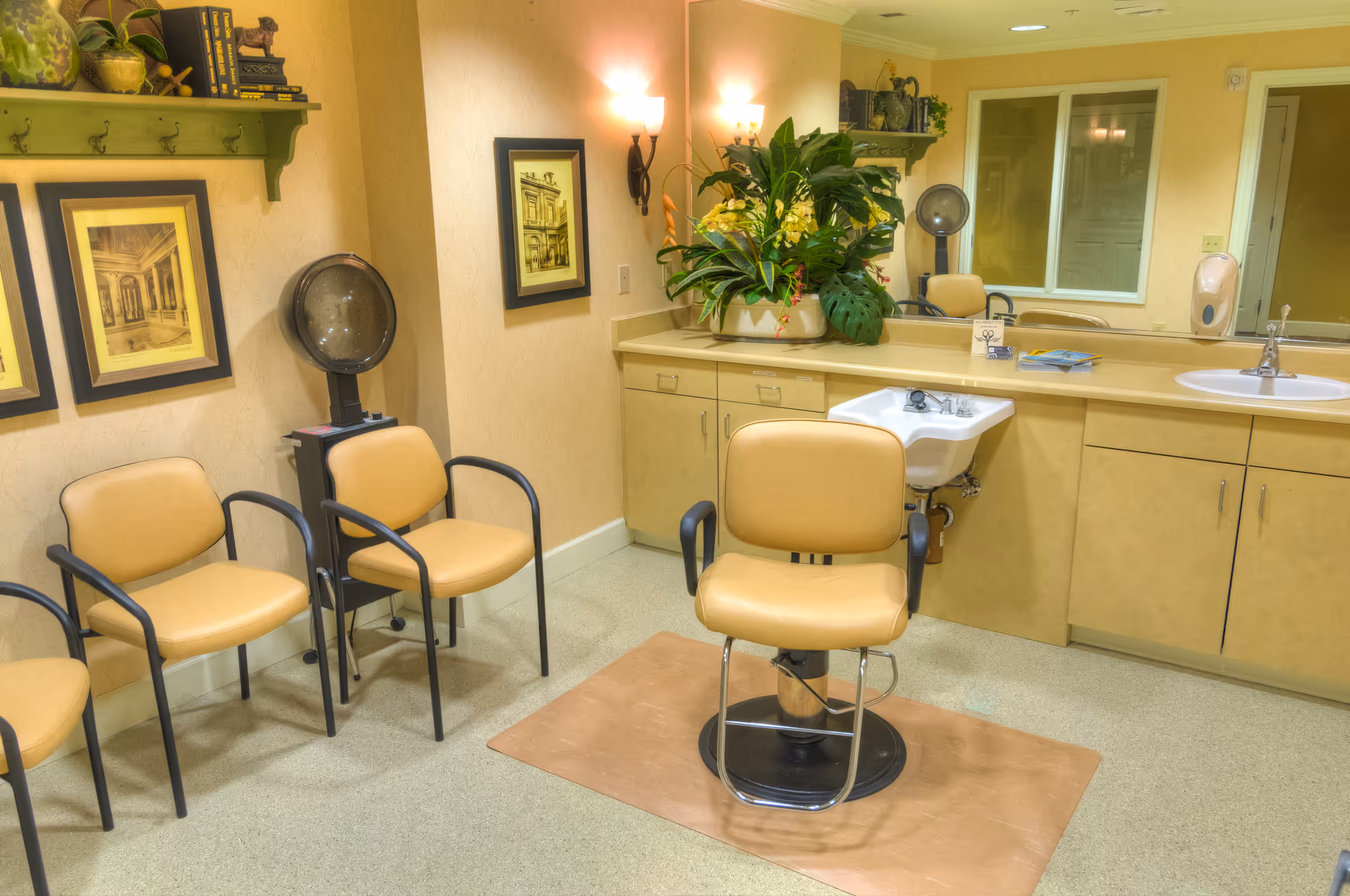 Interior of a hair salon area in a senior living facility with beige walls and flooring. There are four beige chairs with black armrests, one positioned in front of a hair washing sink and a large mirror. The room is decorated with framed pictures on the wall, a green shelf with decorative items, and a large potted plant on the counter.