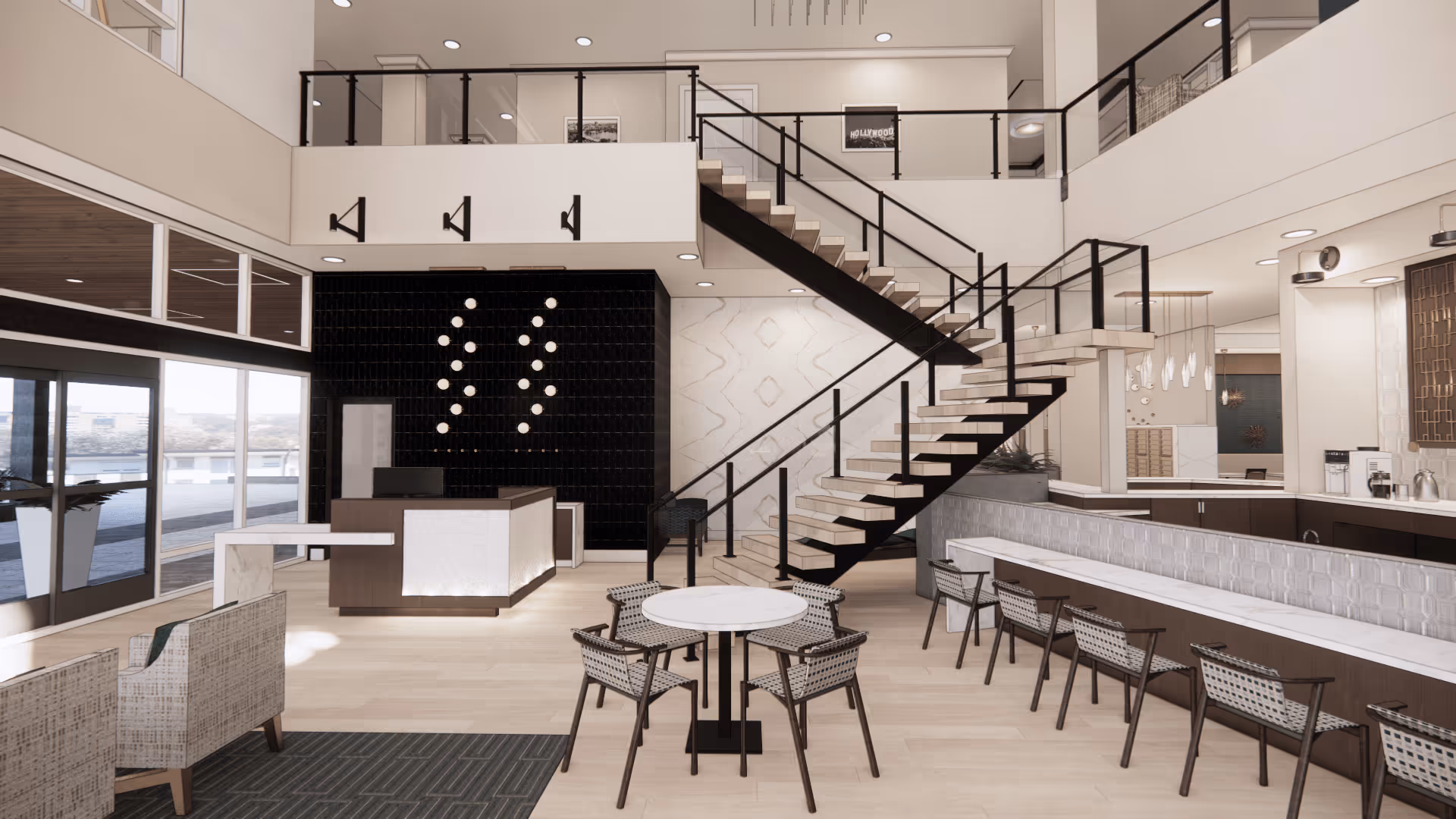 Bright two-story senior living lobby with a central staircase, reception desk, seating tables, and a long counter with bar seating.