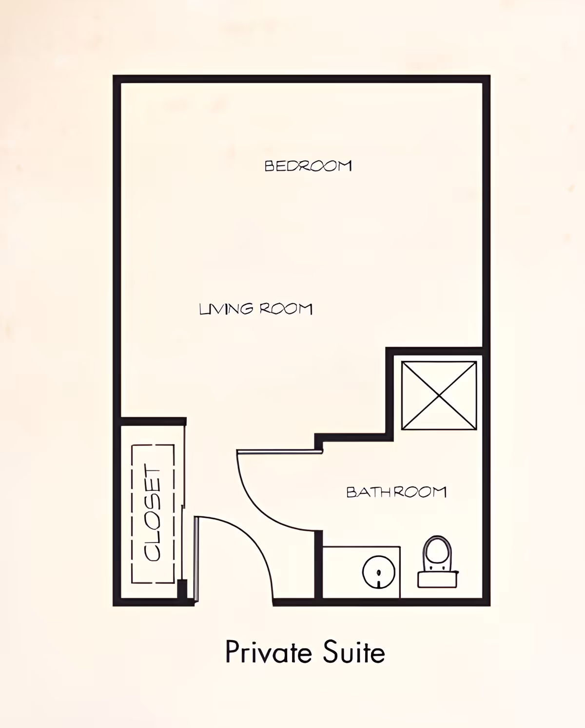 Floor plan layout of a private suite at Heritage Point Assisted Living and Memory Care, showing a bedroom, living room, closet, and bathroom with a sink and toilet.