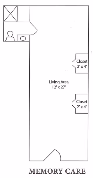 Floor plan layout of a memory care unit showing a living area measuring 12 feet by 27 feet, two closets each measuring 2 feet by 4 feet, and a bathroom area with a toilet, sink, and shower.