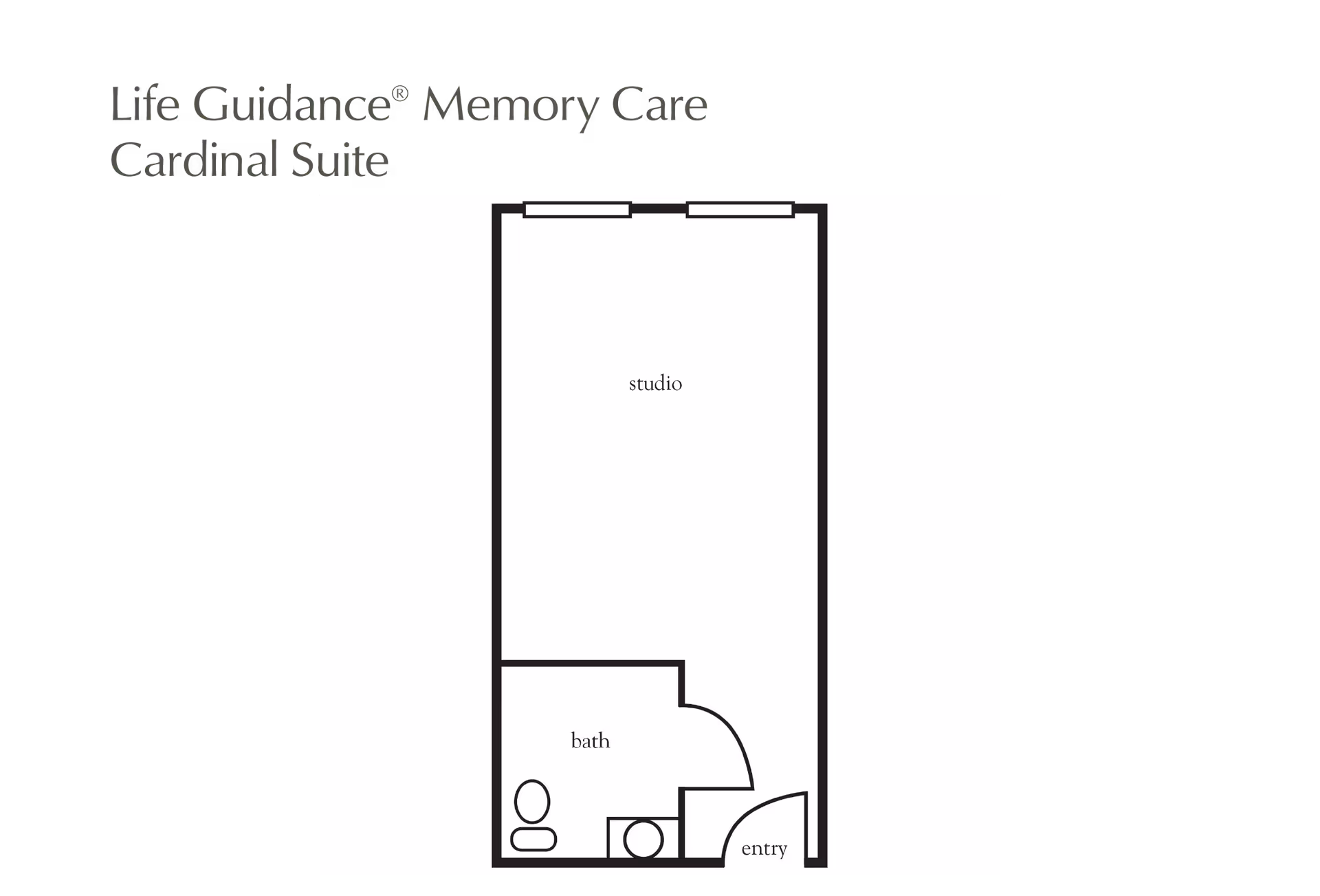 Black-and-white floor plan titled "Cardinal Suite" showing a studio area with a bathroom and entry.