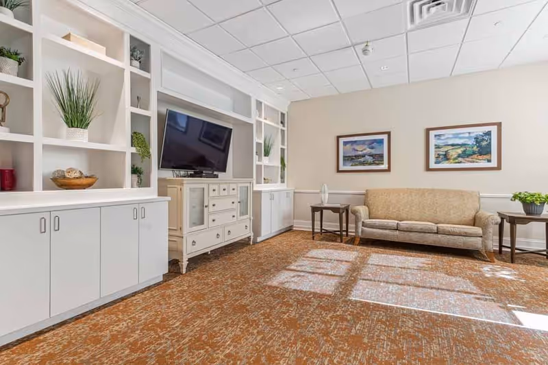 A bright and clean living room area with a beige couch, two side tables with plants, framed landscape paintings on the wall, a large flat-screen TV on a white cabinet, and built-in white shelves with decorative plants and items. The room has a patterned carpet and a white ceiling with recessed lighting.